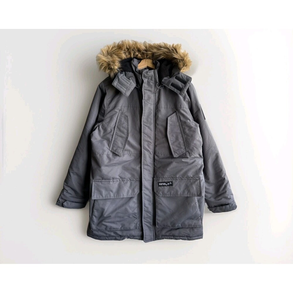 Super Triple Goose Mens Large Gray Parka Jacket Hooded Faux Fur Trim Winter Warm